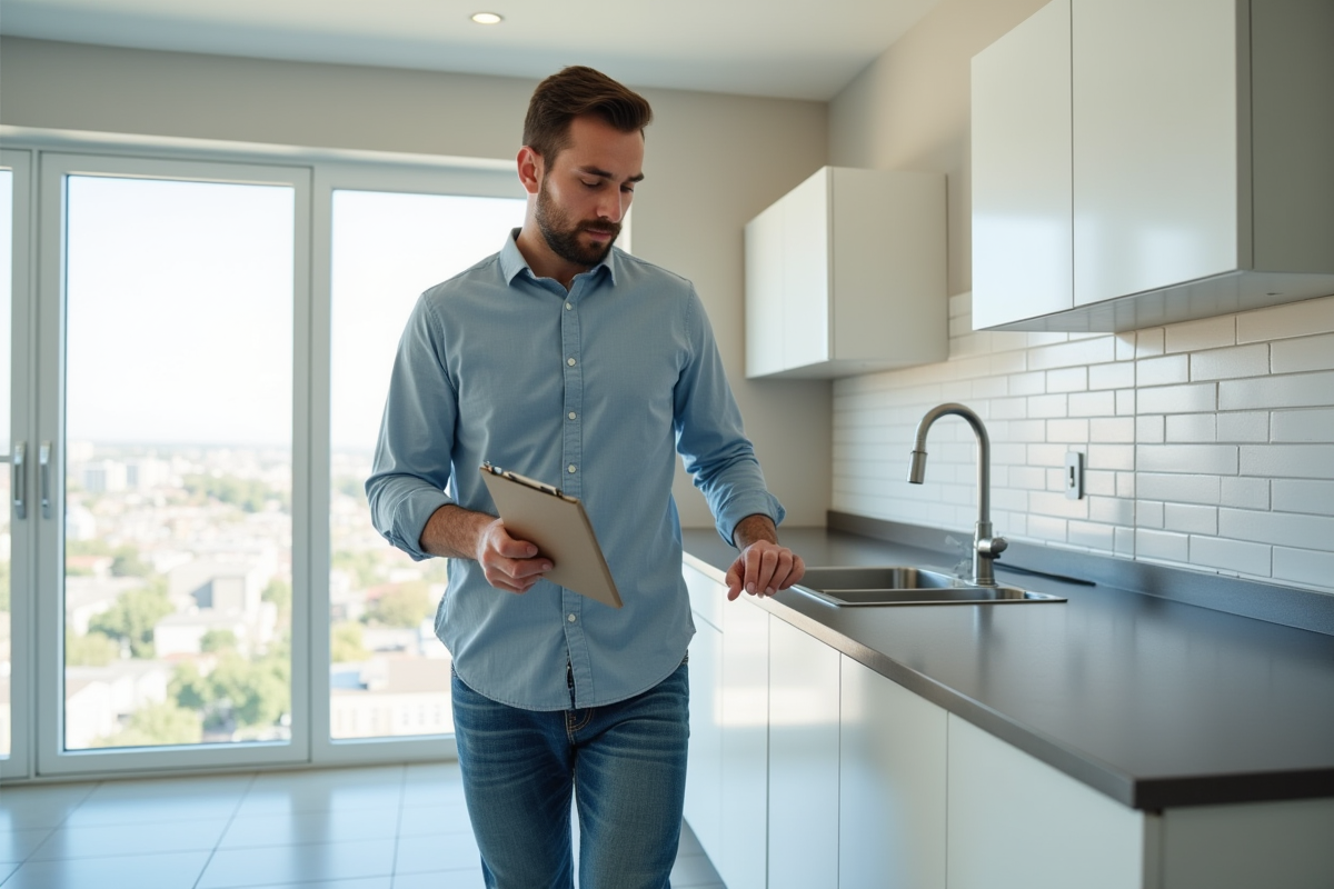Jeune homme inspectant une cuisine d