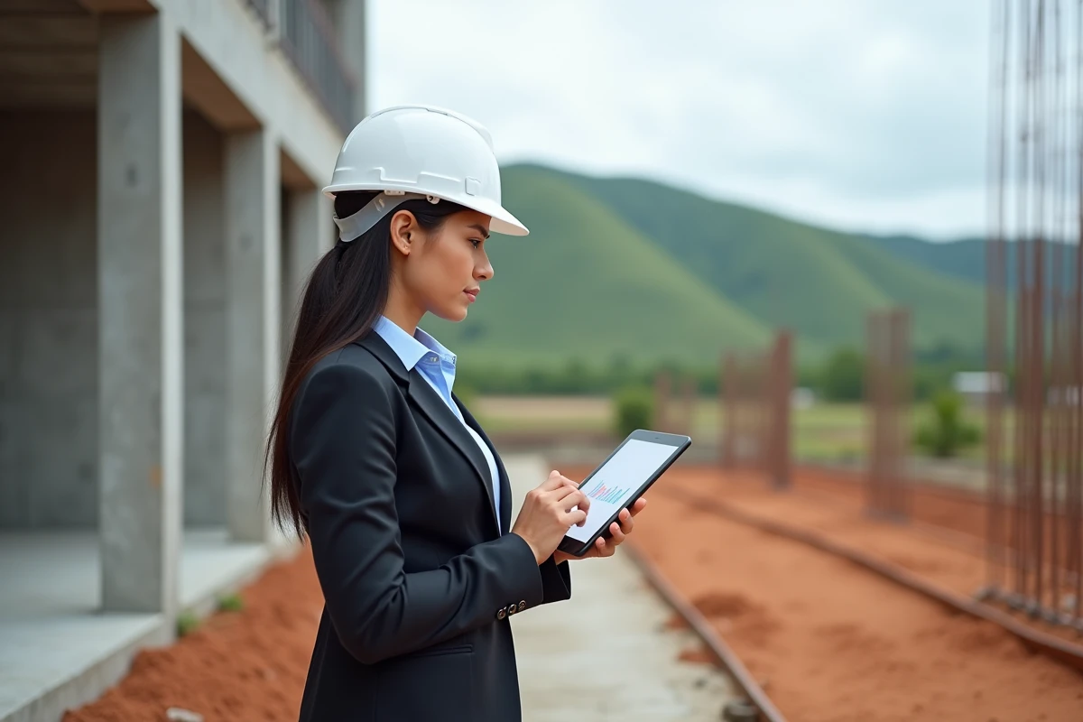 Femme inspectant un chantier de construction immobilière neuve à l'île Maurice