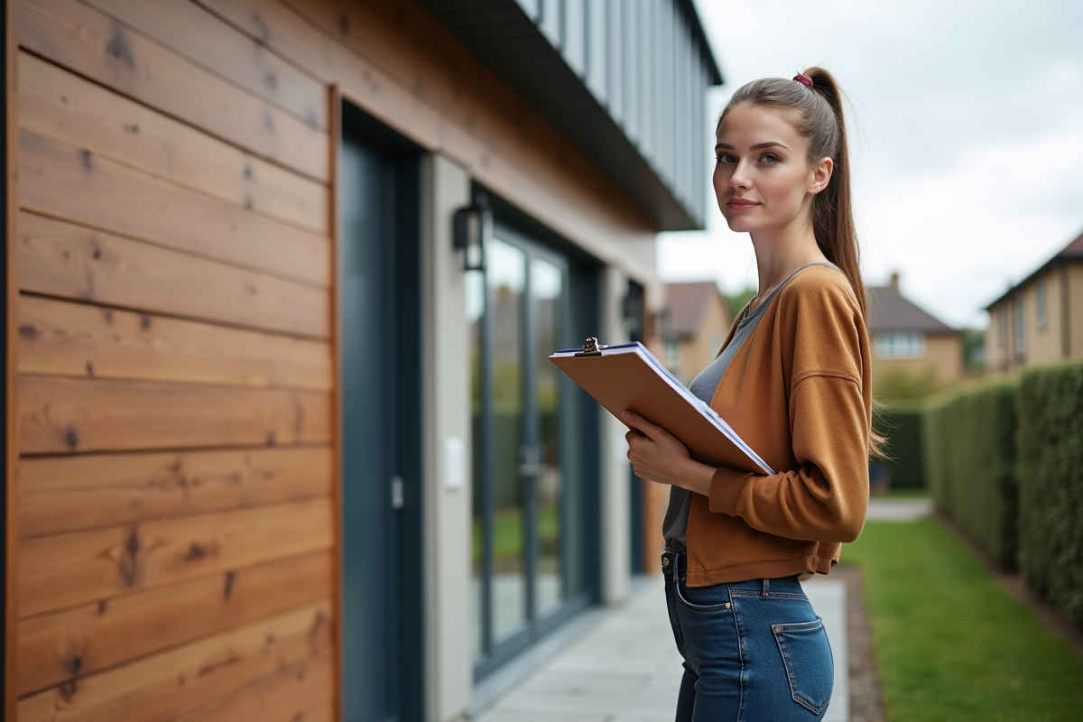 Jeune femme inspectant le bardage extérieur moderne