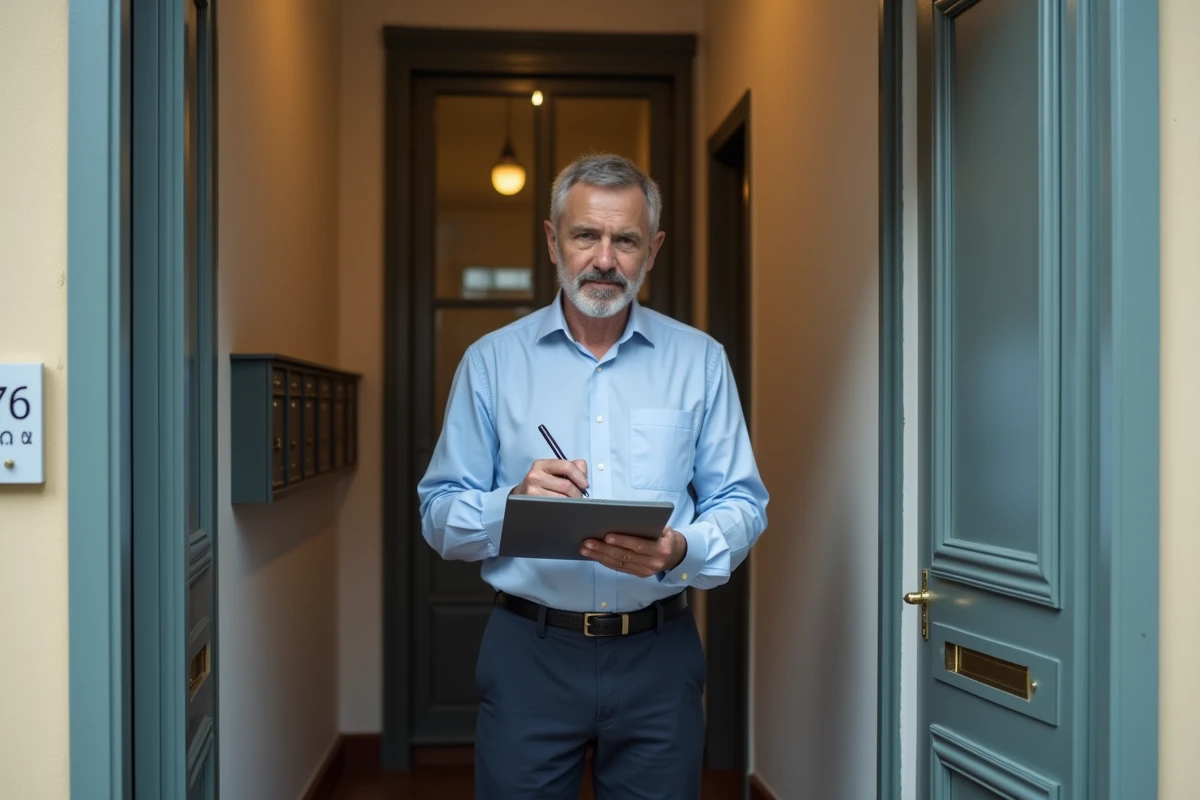 Homme inspecteur v&eacute;rifiant un appartement dans un couloir urbain