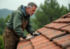 Homme inspectant des tuiles en terre cuite sur un toit rural
