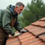 Homme inspectant des tuiles en terre cuite sur un toit rural