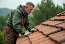 Entretien régulier : clé de la longévité des tuiles en terre cuite Homme inspectant des tuiles en terre cuite sur un toit rural