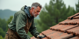 Entretien régulier : clé de la longévité des tuiles en terre cuite Homme inspectant des tuiles en terre cuite sur un toit rural