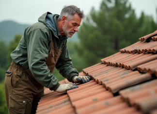 Entretien régulier : clé de la longévité des tuiles en terre cuite Homme inspectant des tuiles en terre cuite sur un toit rural