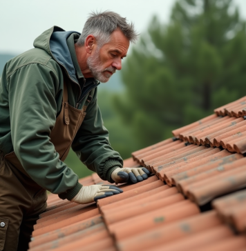 Entretien régulier : clé de la longévité des tuiles en terre cuite Homme inspectant des tuiles en terre cuite sur un toit rural