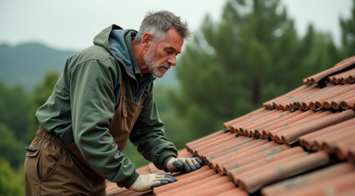 Homme inspectant des tuiles en terre cuite sur un toit rural