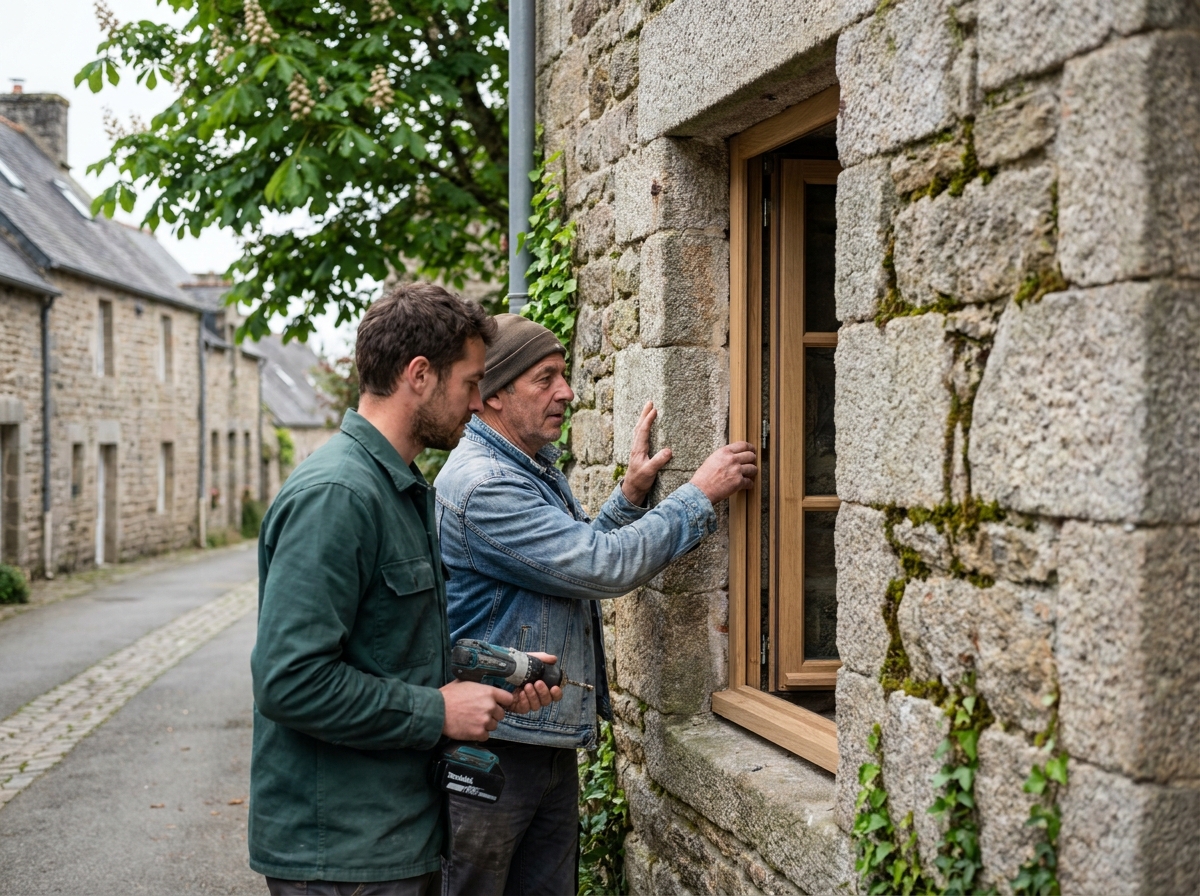 Deux menuisiers installant une fenêtre en bois sur une maison en pierre bretonne à Rennes
