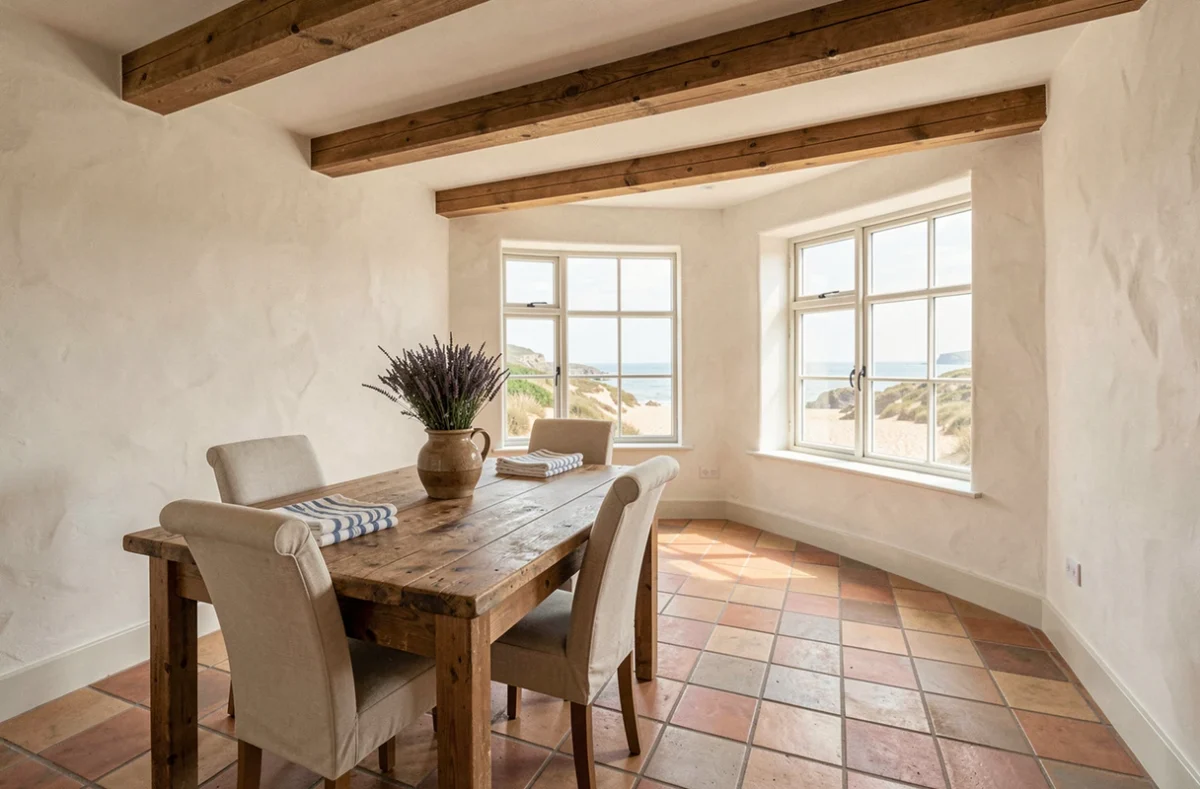 Intérieur rénové d'un cottage normand prêt à la location saisonnière avec vue sur la plage
