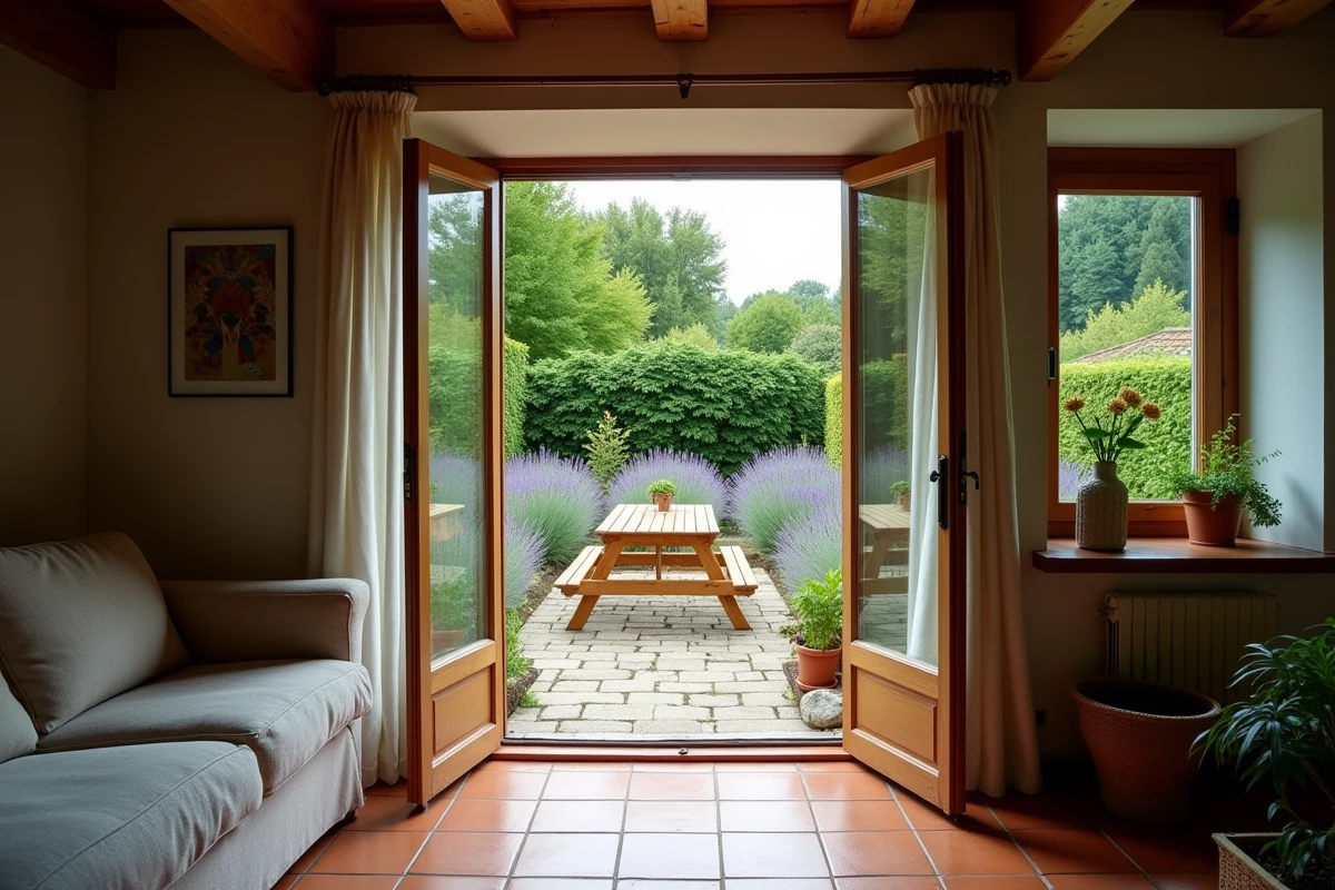 Intérieur d'une petite maison à louer avec jardin visible depuis le salon dans le département 76