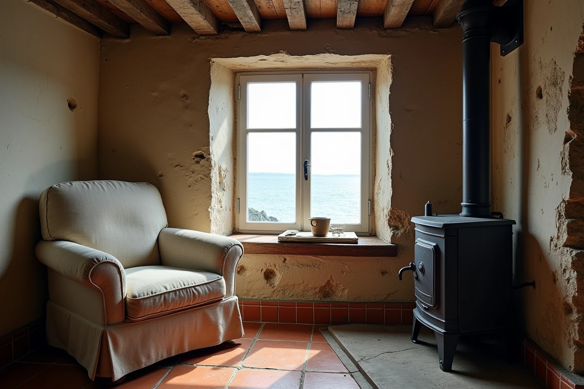 Intérieur rustique d'une maison de pêcheur bretonne avec vue sur la mer et poutres apparentes