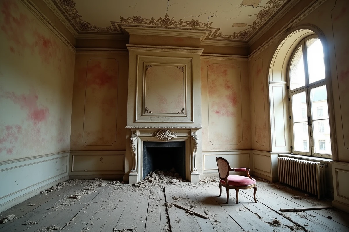 Intérieur en ruine d'un salon de manoir classé avec cheminée en marbre et papier peint décollé montrant l'état avant rénovation