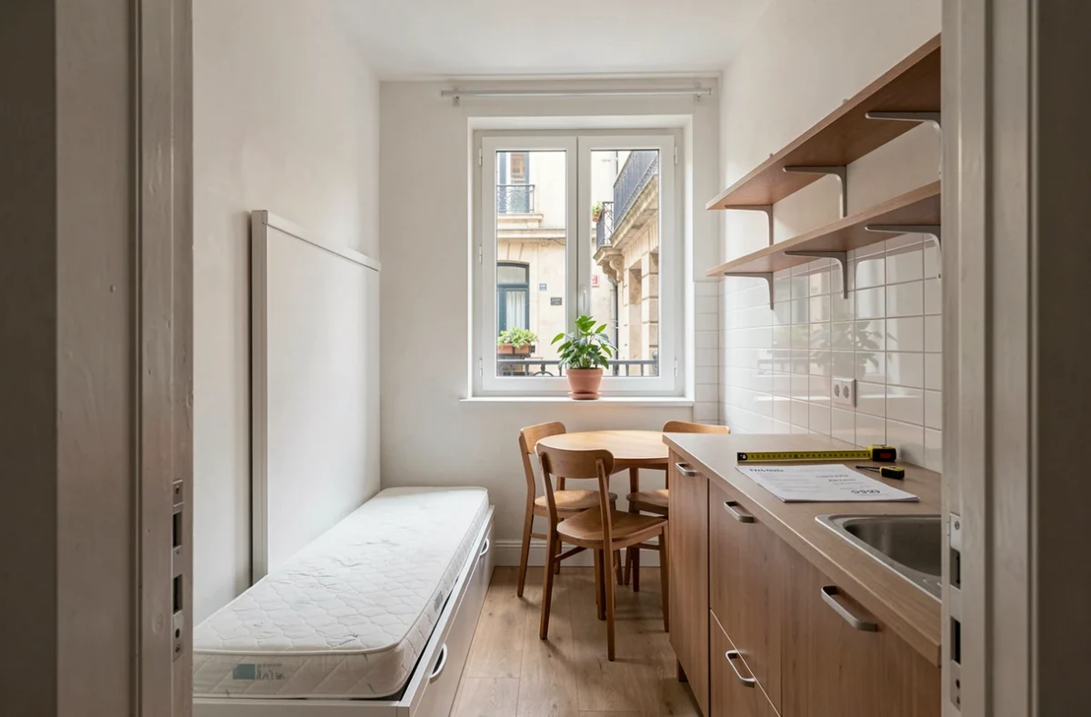 Intérieur d'un petit appartement vide à Lyon avec estimation de loyer au m², optimisation de l'espace locatif