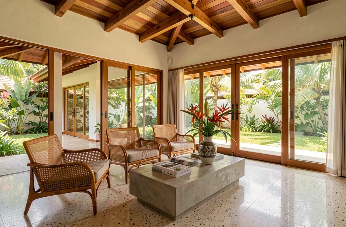Intérieur spacieux et lumineux d'une villa à vendre à Koh Samui avec vue sur jardin tropical