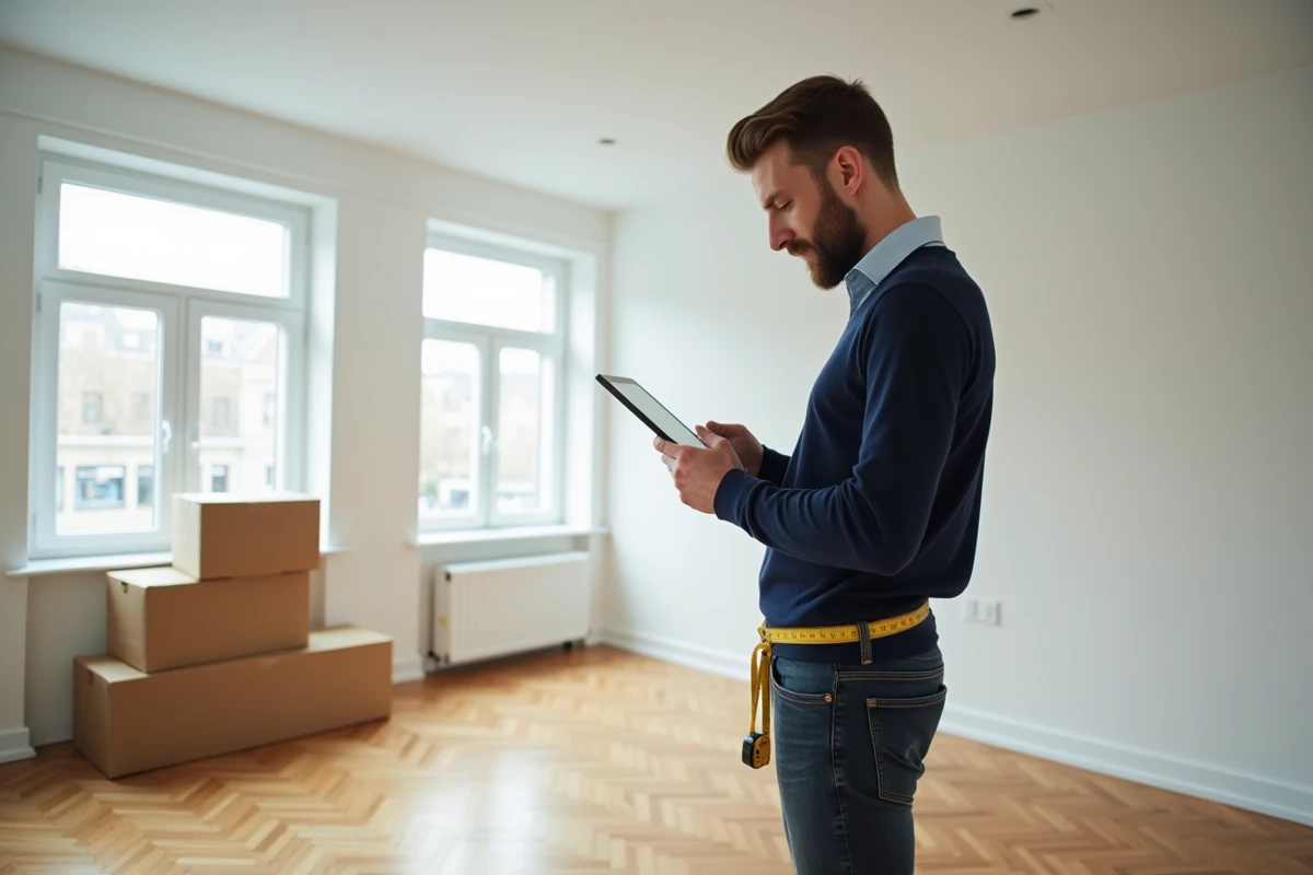 Homme consultant un inventaire de mobilier sur tablette dans un appartement vide avant aménagement