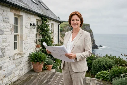 Investisseuse immobilière devant une maison normande en pierre face à la mer pour location saisonnière