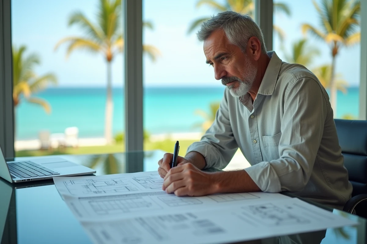 Investisseur immobilier analysant des documents de programme neuf à l'île Maurice avec vue sur l'océan