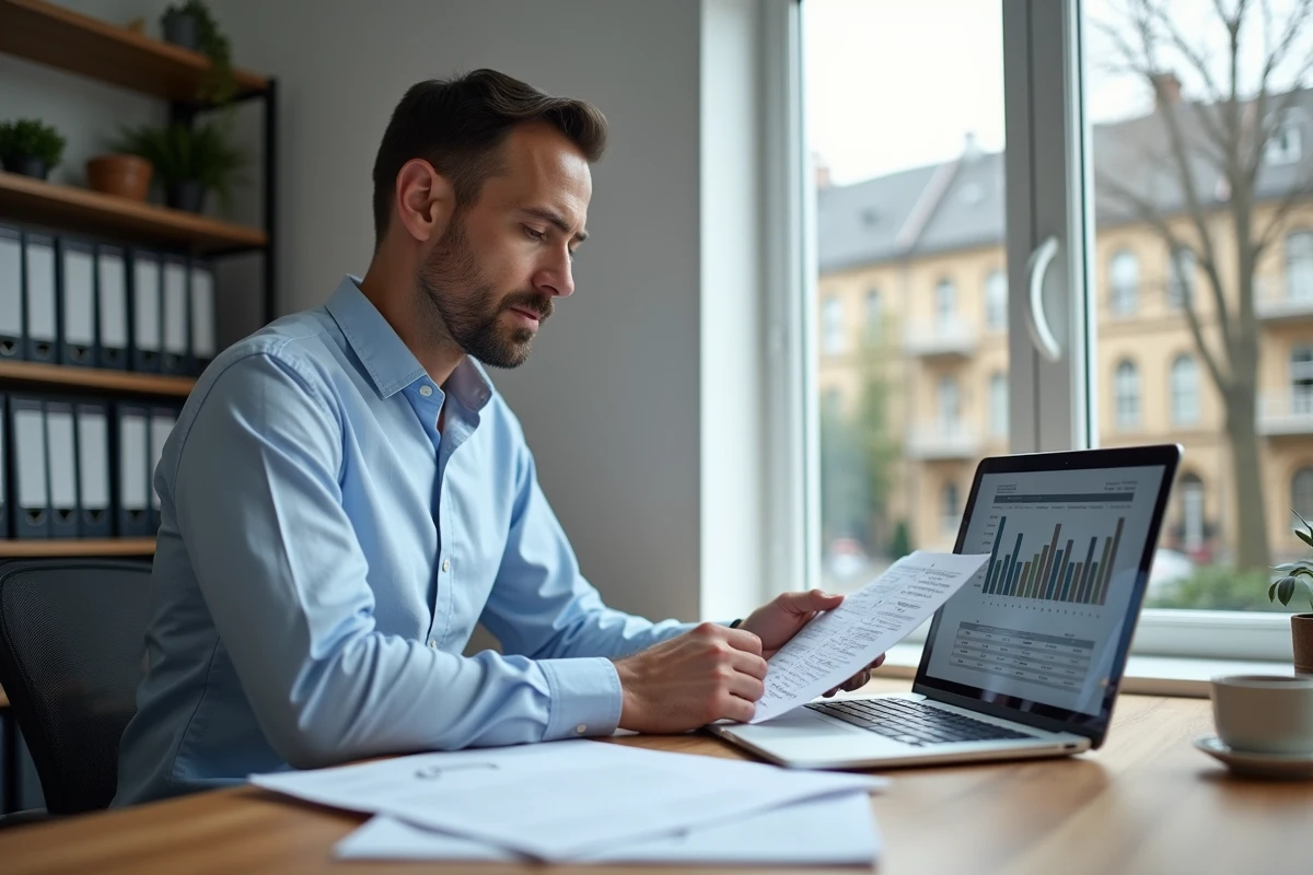 Investisseur immobilier analysant les plafonds de ressources Pinel sur son bureau à domicile