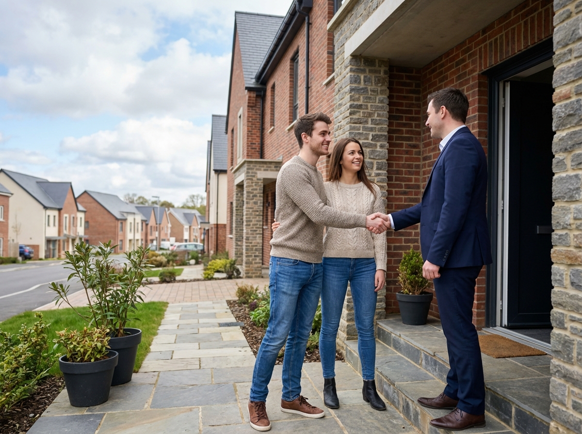 Jeune couple souriant devant leur nouvelle maison à Rennes
