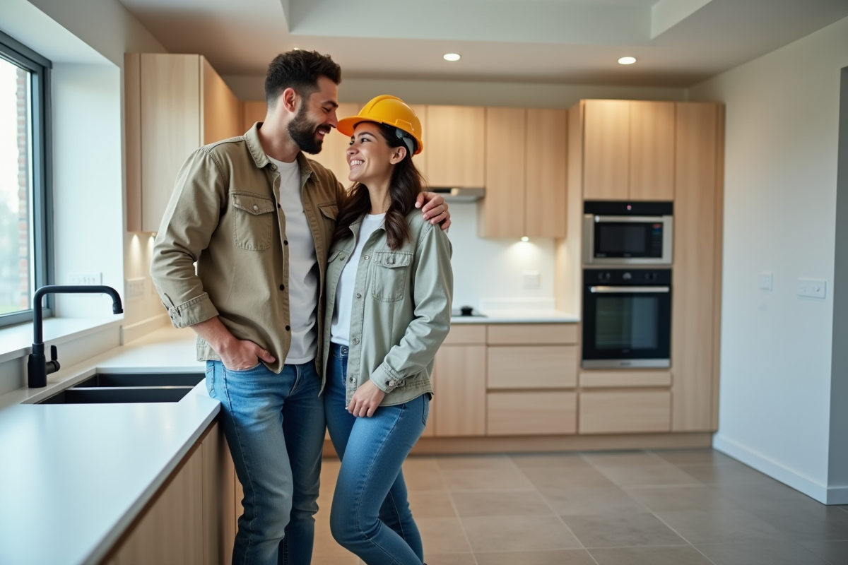 Jeune couple dans une cuisine moderne en intérieur