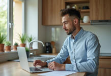 Étudiant étudiant en cuisine moderne avec papiers et ordinateur