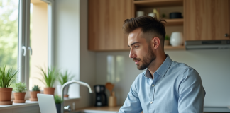 Étudiant étudiant en cuisine moderne avec papiers et ordinateur