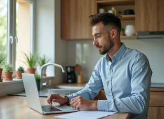 Étudiant étudiant en cuisine moderne avec papiers et ordinateur