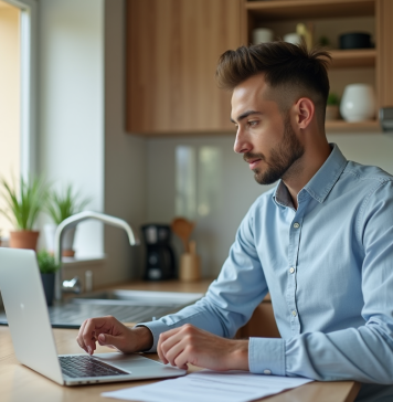 Étudiant étudiant en cuisine moderne avec papiers et ordinateur