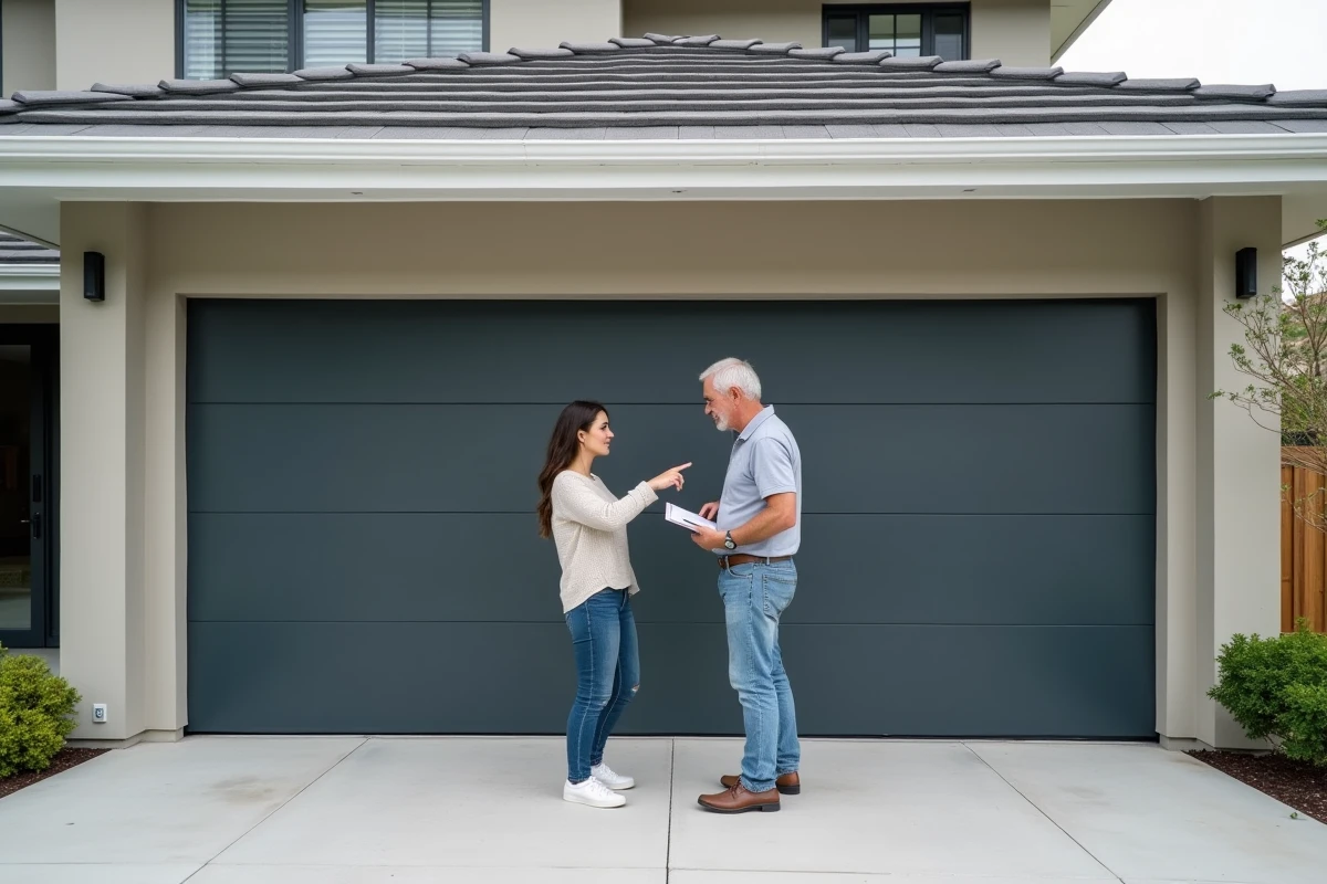 Jeune femme pointant portes du carport r&eacute;cent avec entrepreneur