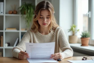 Jeune femme lisant un contrat avec des clés dans un bureau lumineux