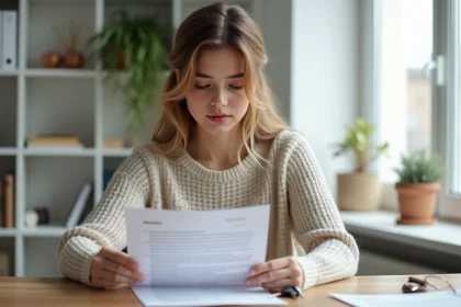 Jeune femme lisant un contrat avec des clés dans un bureau lumineux