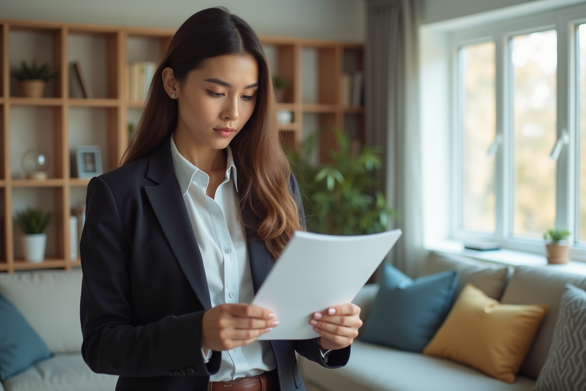 Jeune femme examinant un contrat de location