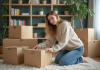 Jeune femme en sweater tapant une box de demenagement