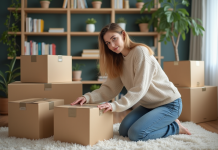 Jeune femme en sweater tapant une box de demenagement