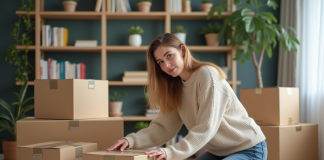 Taille carton déménagement : quelle choisir pour emballer ses affaires ? Jeune femme en sweater tapant une box de demenagement