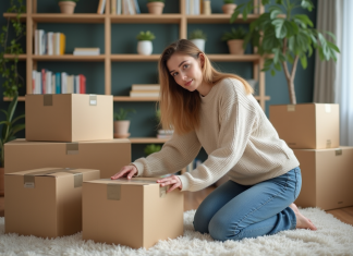 Jeune femme en sweater tapant une box de demenagement