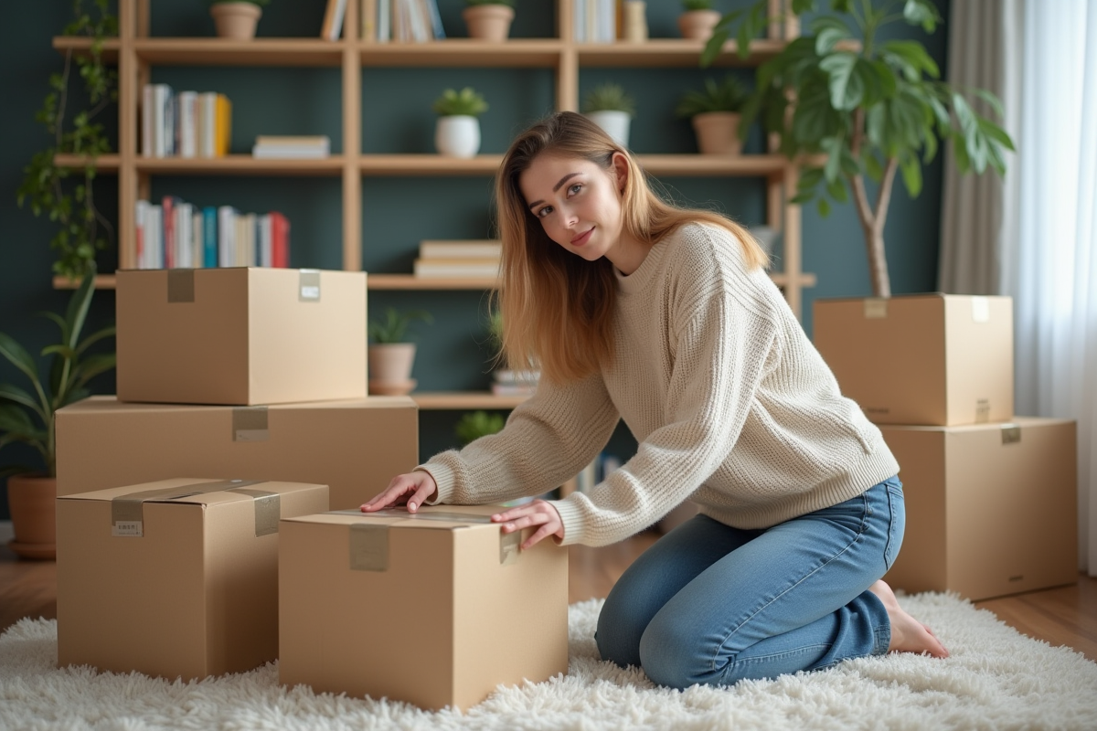 Jeune femme en sweater tapant une box de demenagement