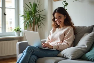Jeune femme souriante sur un canapé à Toulouse