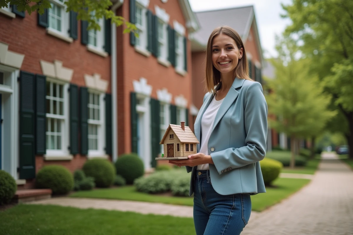 Jeune femme souriante avec maquette de maison