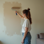 Jeune femme peignant un mur dans un appartement en cours de rénovation