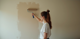 Jeune femme peignant un mur dans un appartement en cours de rénovation