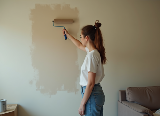 Jeune femme peignant un mur dans un appartement en cours de rénovation