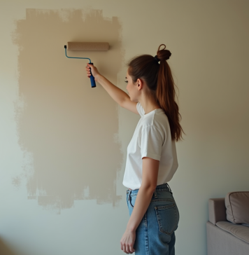 Jeune femme peignant un mur dans un appartement en cours de rénovation