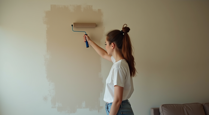 Jeune femme peignant un mur dans un appartement en cours de rénovation