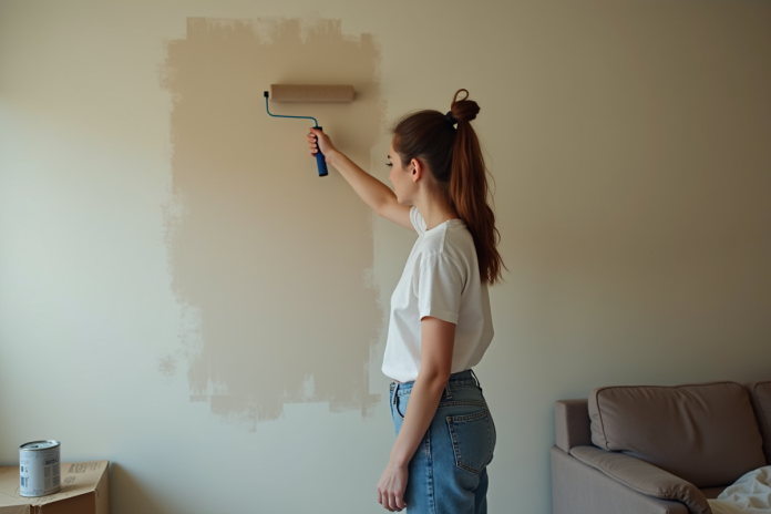 Jeune femme peignant un mur dans un appartement en cours de rénovation