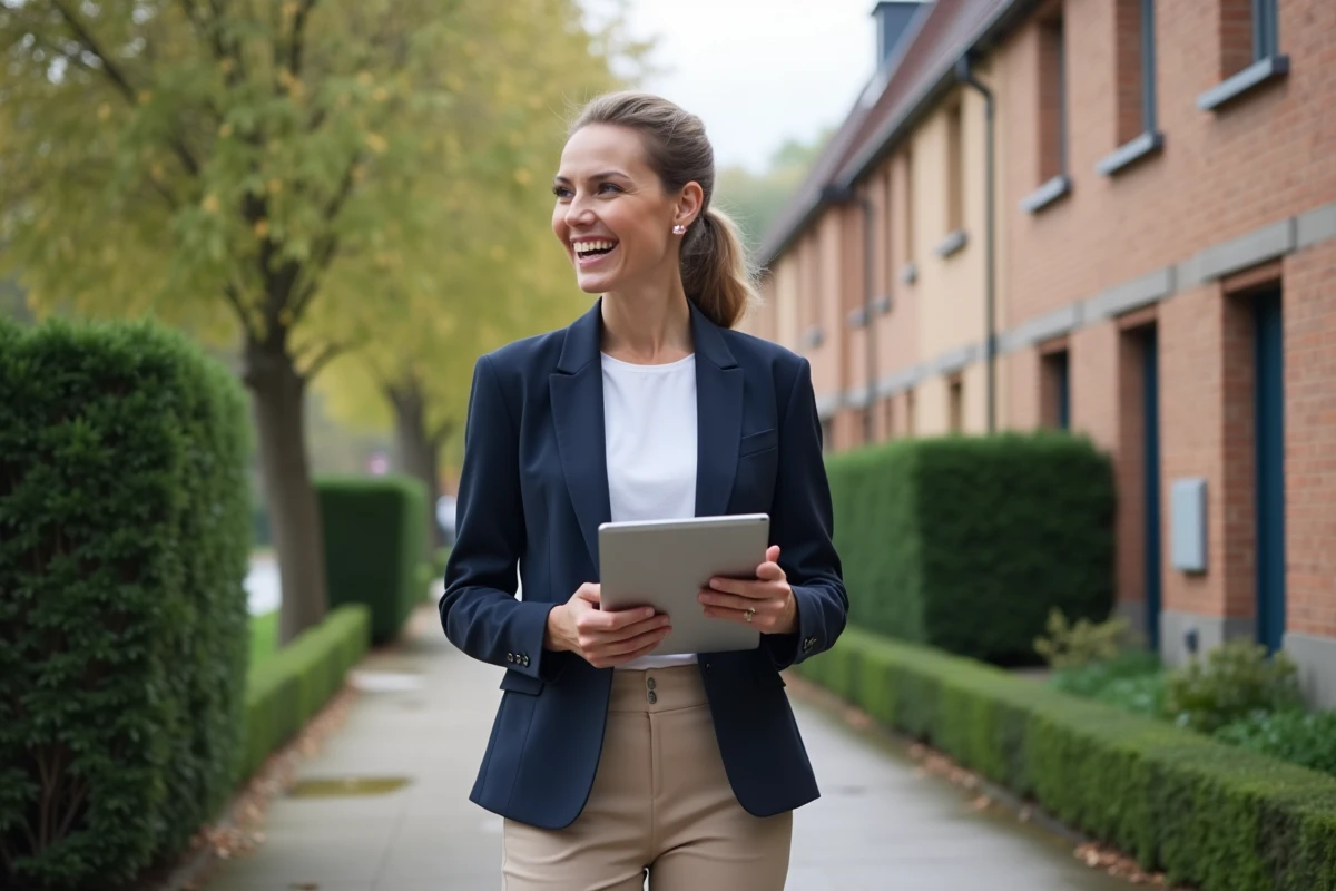 Jeune femme professionnelle dans un quartier résidentiel de Lyon