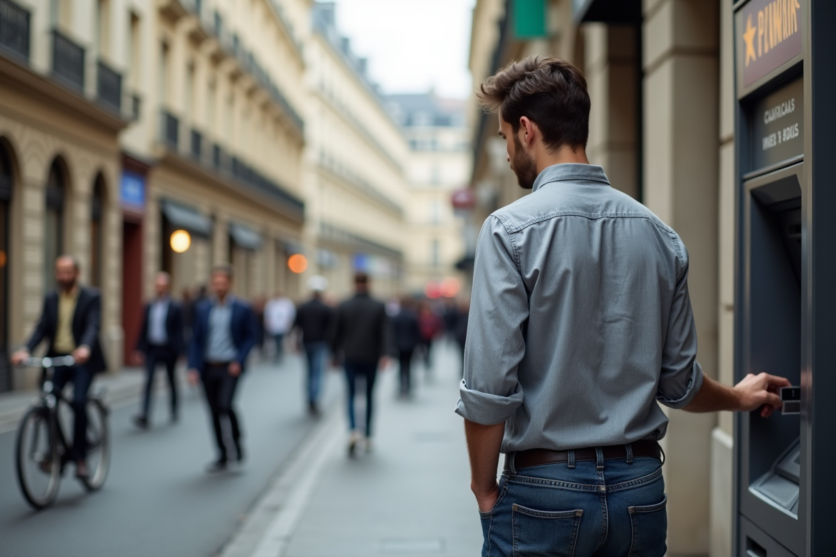 Jeune homme parisien utilisant un distributeur automatique