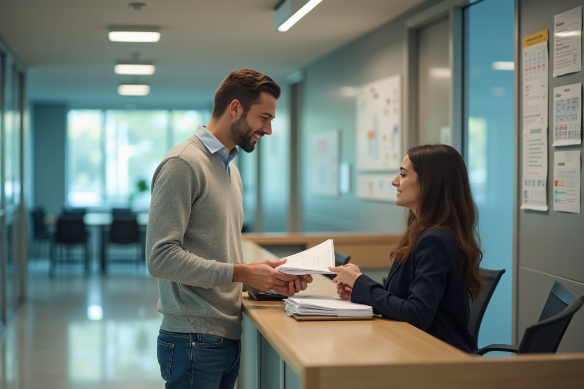Jeune homme discute avec un agent à la mairie