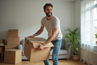 Jeune homme en mouvement avec caisson dans un appartement