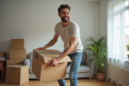 Jeune homme en mouvement avec caisson dans un appartement